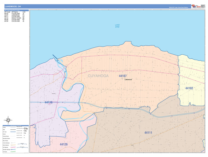 Color Cast Zip Code Style Wall Map of Lakewood, OH
