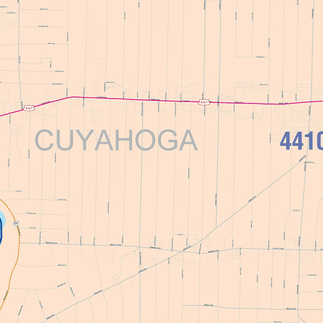 Color Cast Zip Code Style Wall Map of Lakewood, OH
