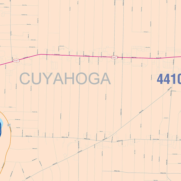 Color Cast Zip Code Style Wall Map of Lakewood, OH