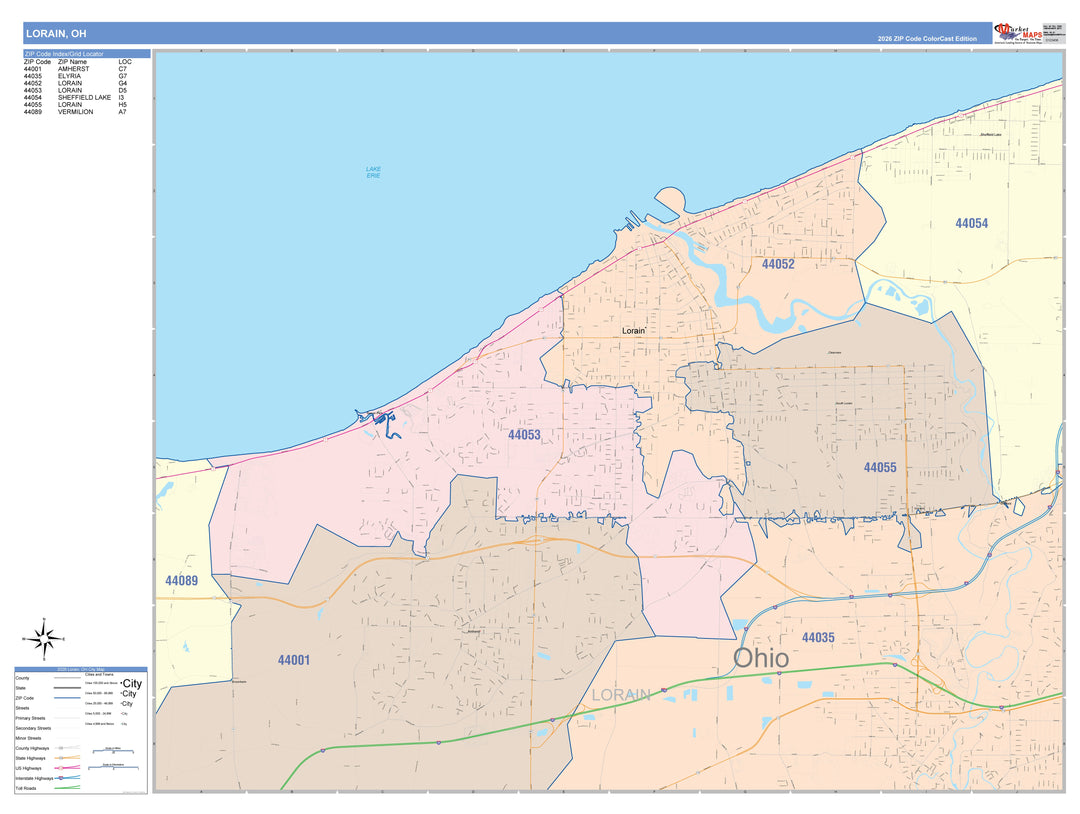 Color Cast Zip Code Style Wall Map of Lorain, OH