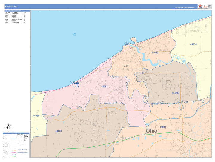 Color Cast Zip Code Style Wall Map of Lorain, OH