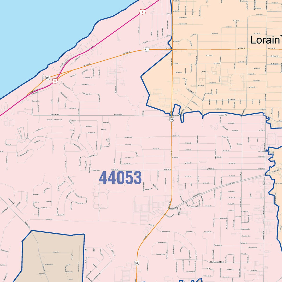 Color Cast Zip Code Style Wall Map of Lorain, OH