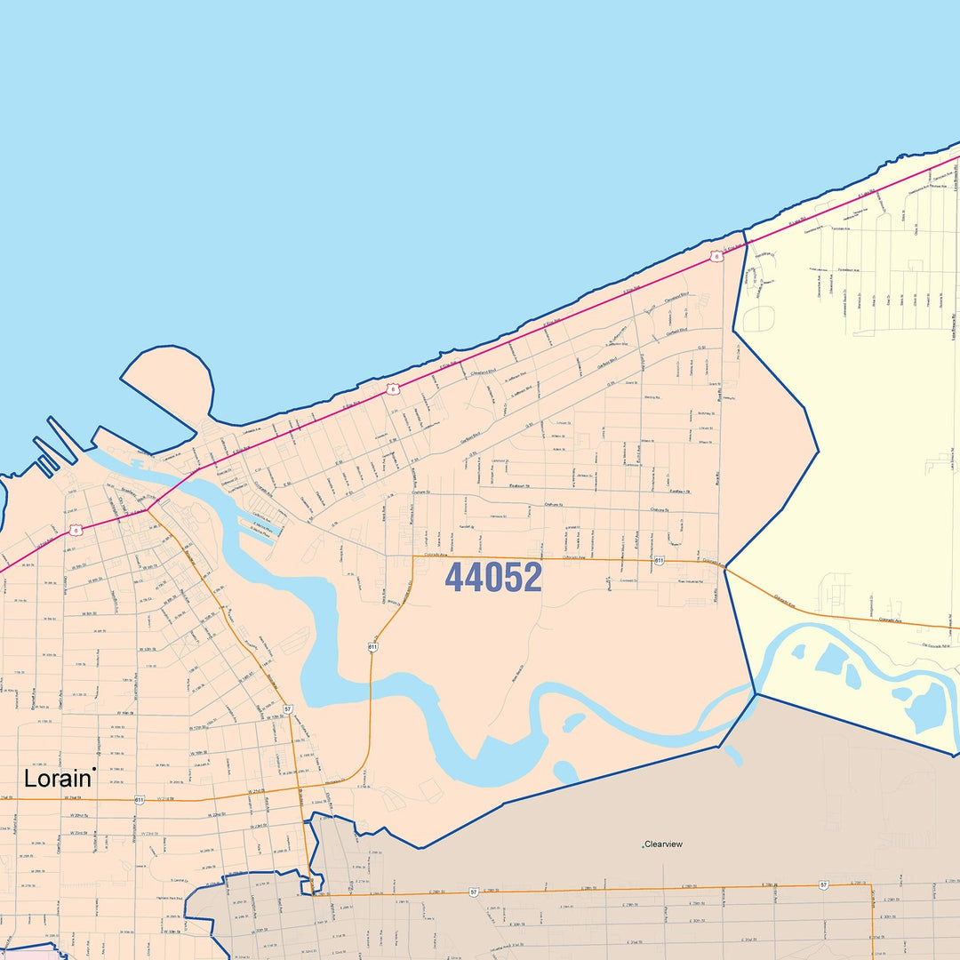 Color Cast Zip Code Style Wall Map of Lorain, OH