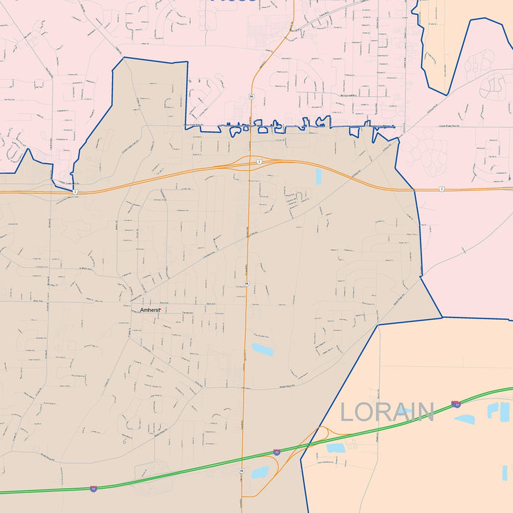 Color Cast Zip Code Style Wall Map of Lorain, OH