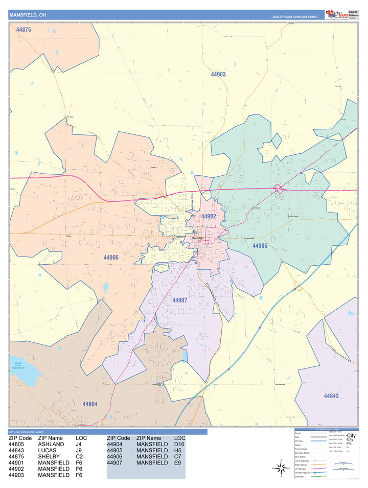 Color Cast Zip Code Style Wall Map of Mansfield, OH
