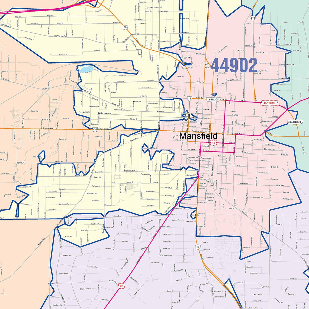 Color Cast Zip Code Style Wall Map of Mansfield, OH