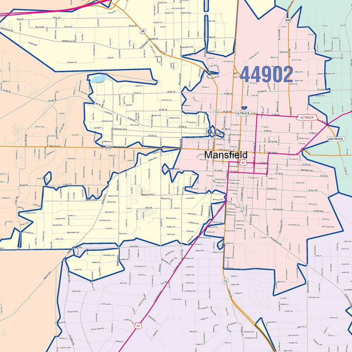 Color Cast Zip Code Style Wall Map of Mansfield, OH