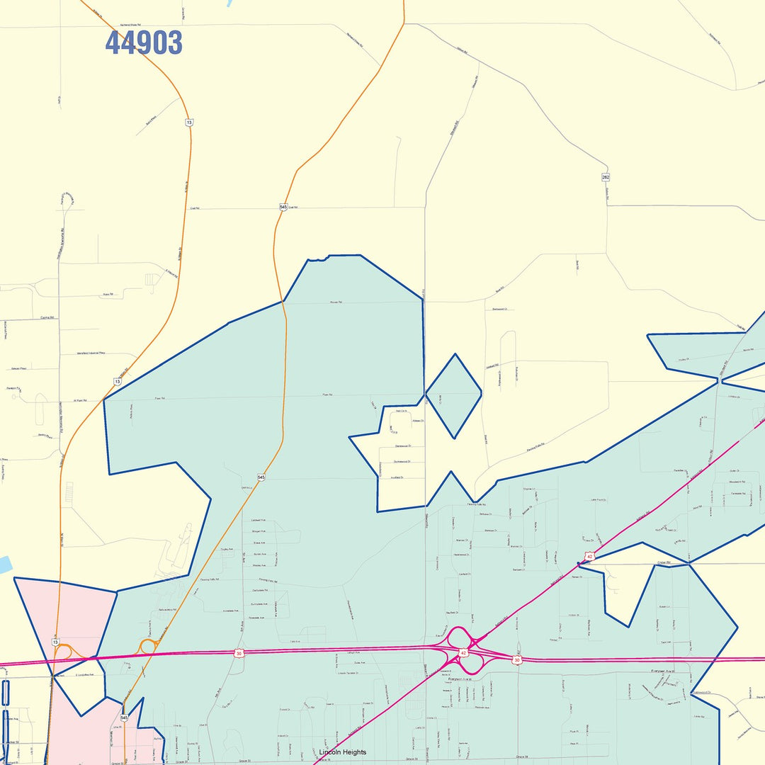 Color Cast Zip Code Style Wall Map of Mansfield, OH