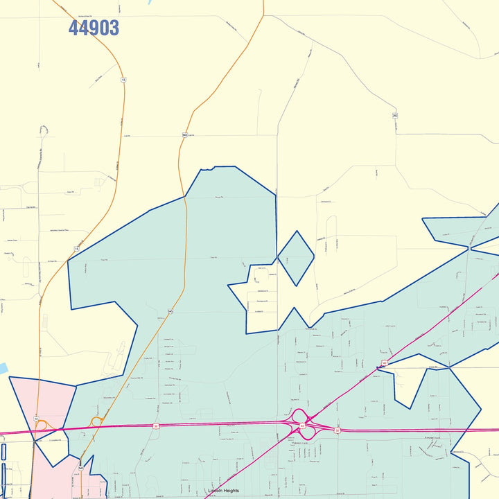 Color Cast Zip Code Style Wall Map of Mansfield, OH
