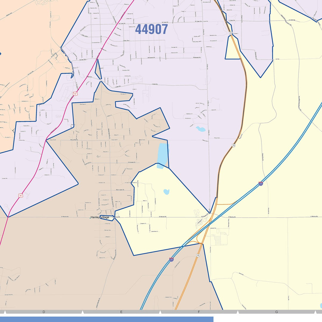 Color Cast Zip Code Style Wall Map of Mansfield, OH