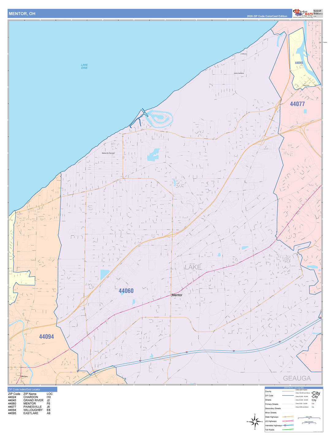 Color Cast Zip Code Style Wall Map of Mentor, OH