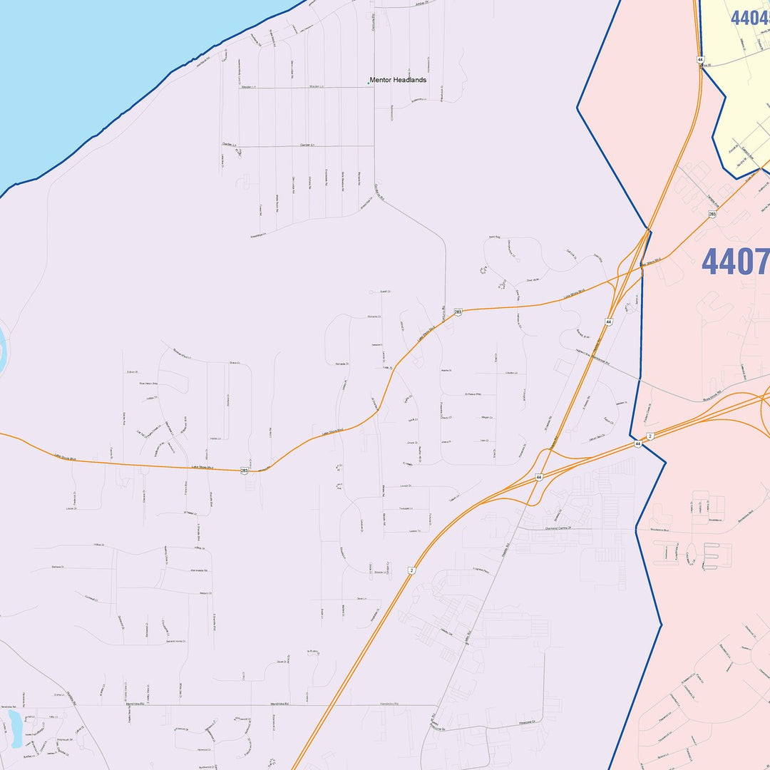 Color Cast Zip Code Style Wall Map of Mentor, OH