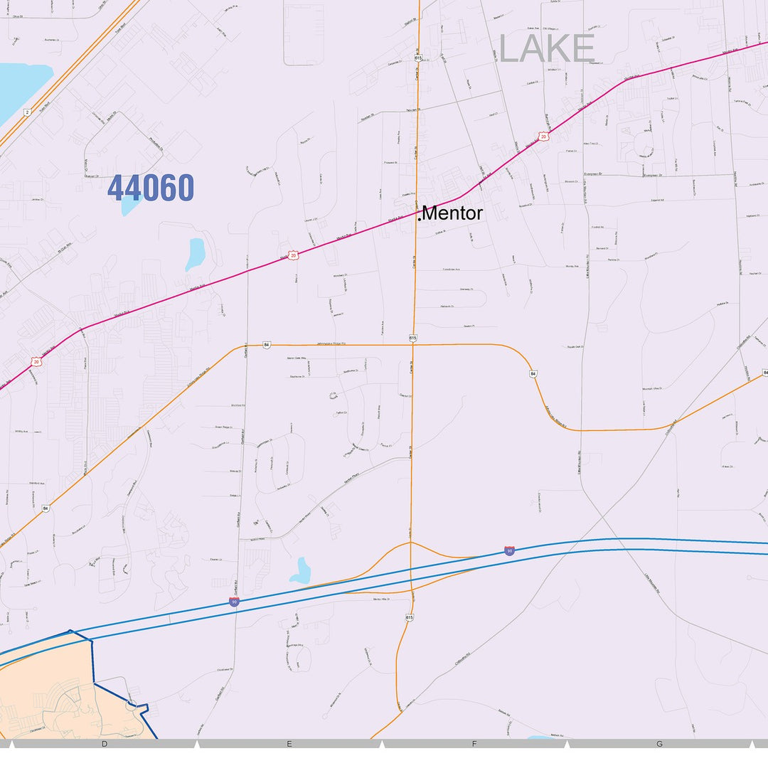Color Cast Zip Code Style Wall Map of Mentor, OH