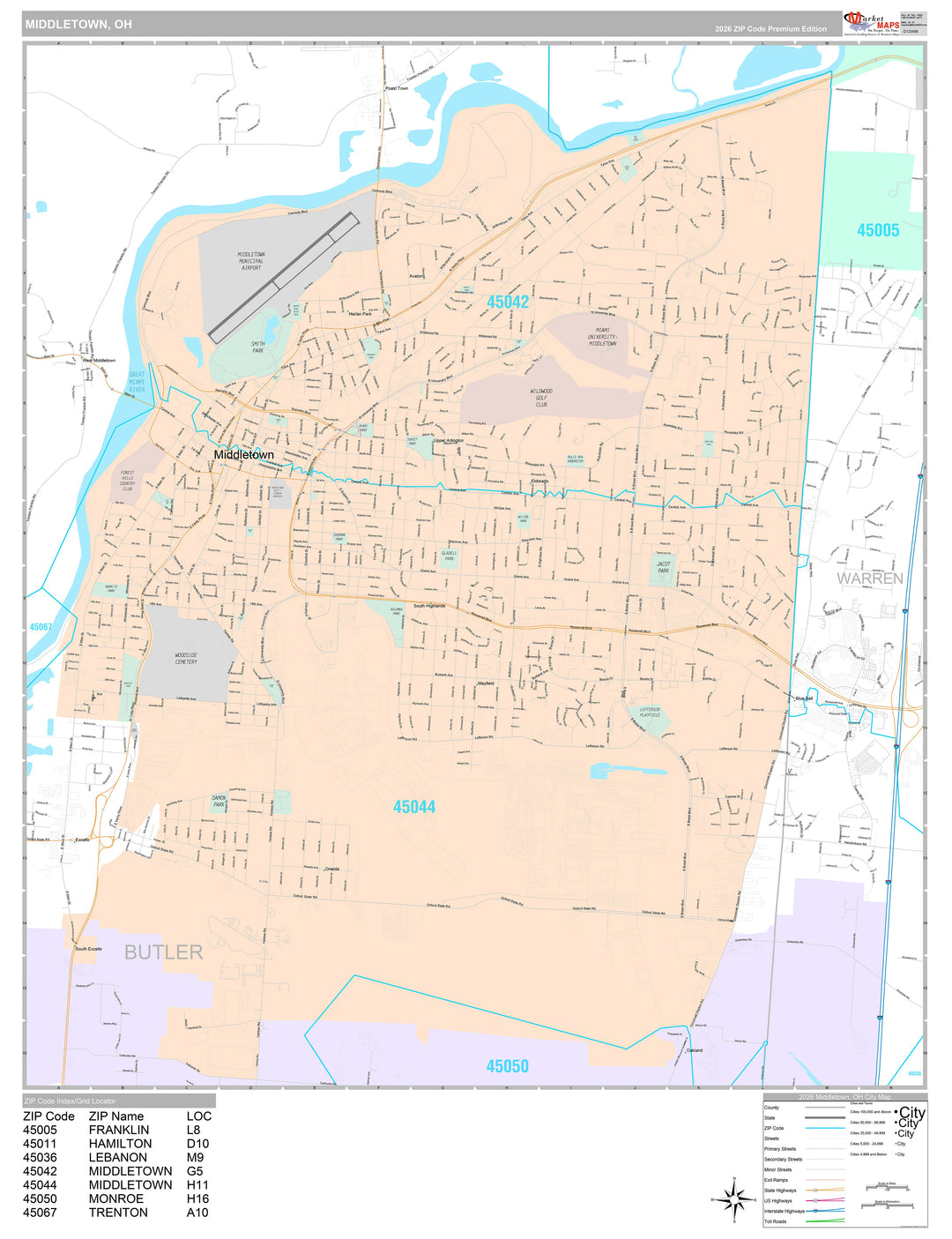 Premium Style Wall Map of Middletown, OH