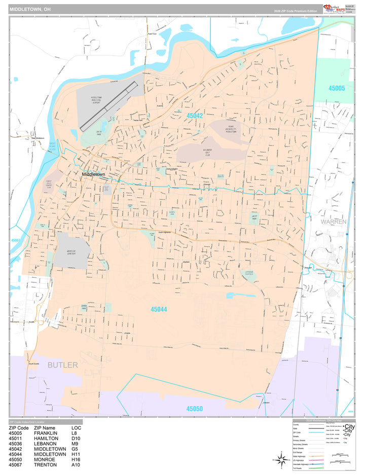 Premium Style Wall Map of Middletown, OH
