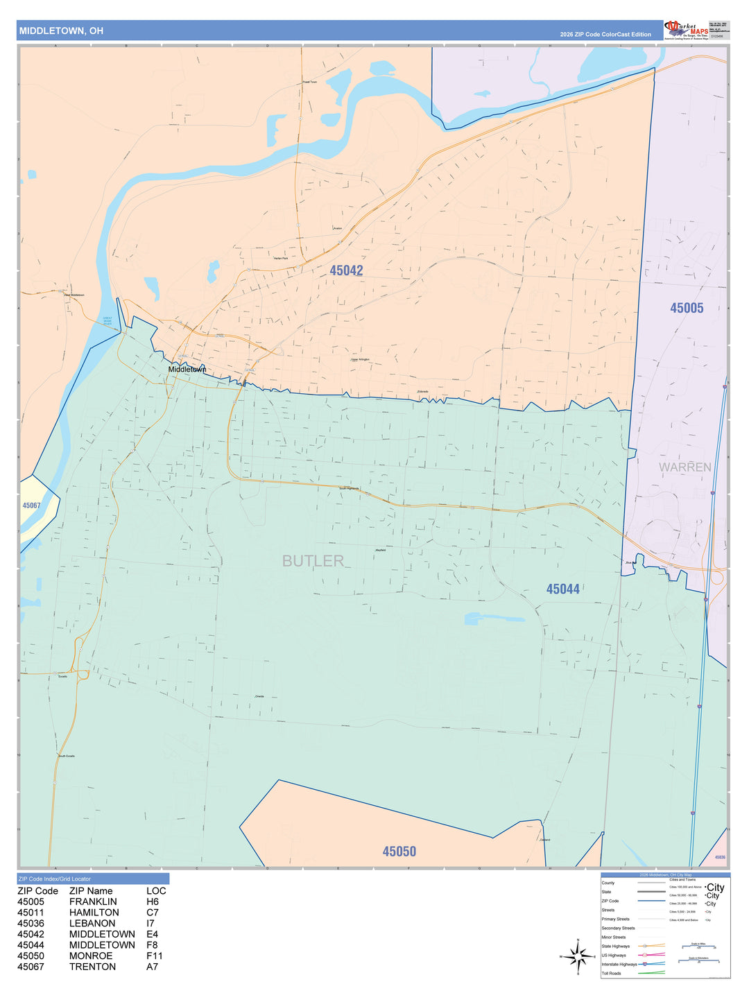 Color Cast Zip Code Style Wall Map of Middletown, OH