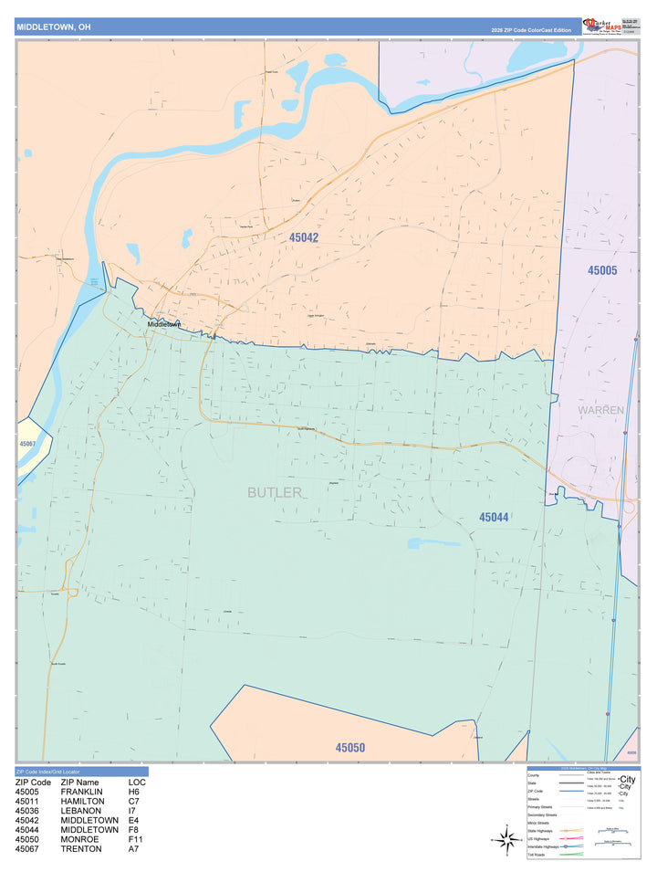 Color Cast Zip Code Style Wall Map of Middletown, OH
