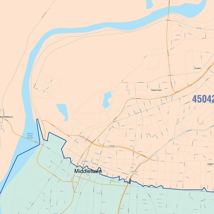 Color Cast Zip Code Style Wall Map of Middletown, OH