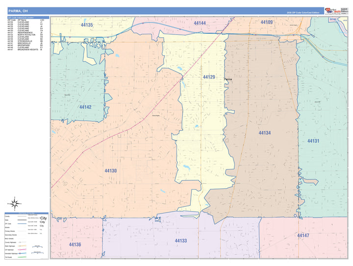 Color Cast Zip Code Style Wall Map of Parma, OH
