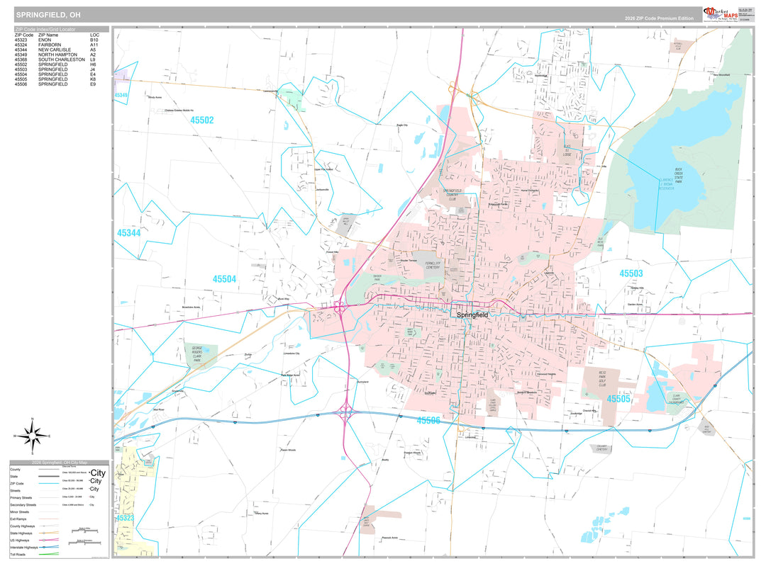 Premium Style Wall Map of Springfield, OH