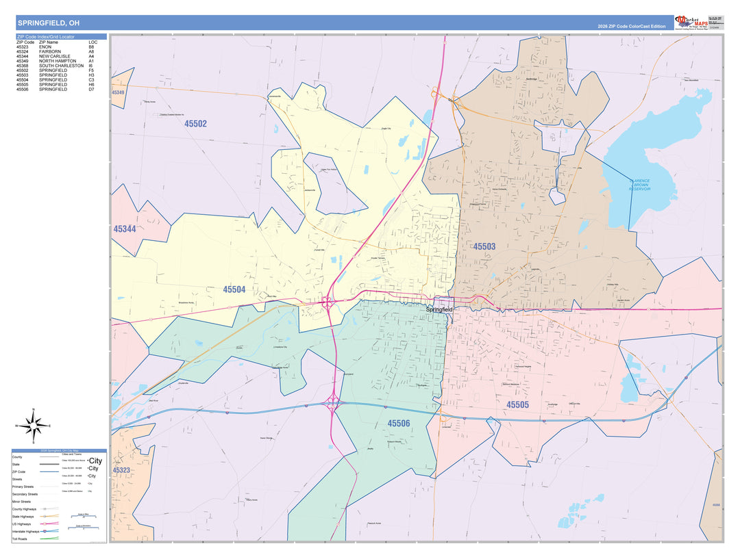 Color Cast Zip Code Style Wall Map of Springfield, OH