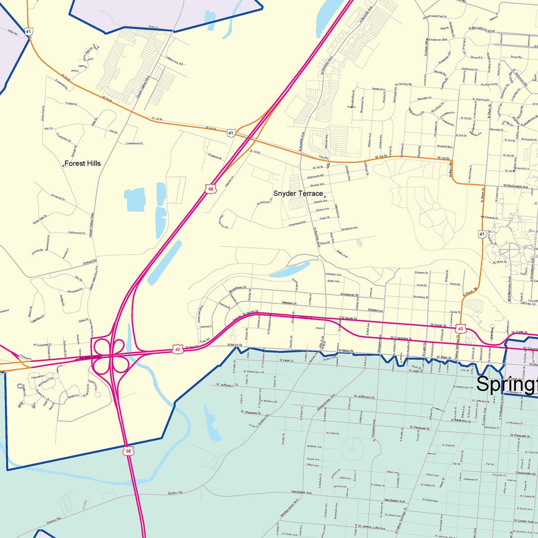 Color Cast Zip Code Style Wall Map of Springfield, OH