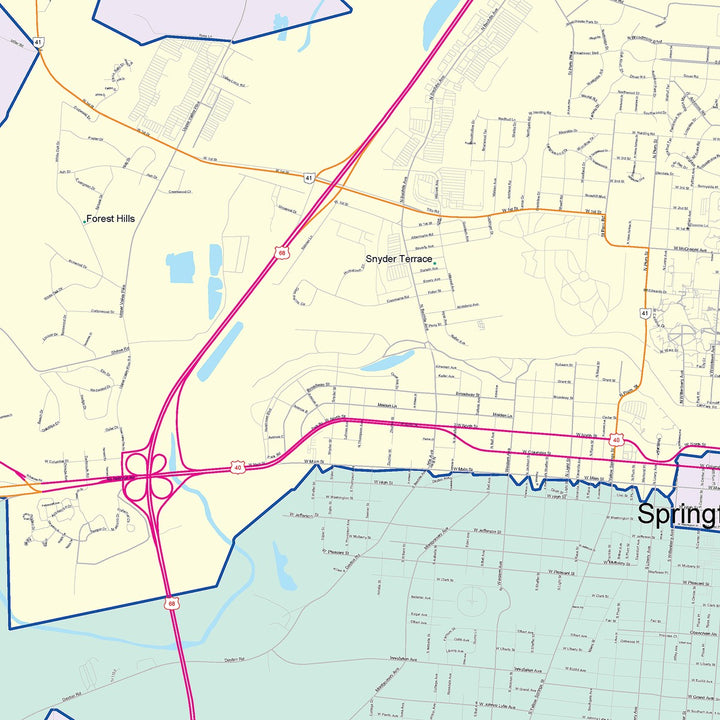 Color Cast Zip Code Style Wall Map of Springfield, OH