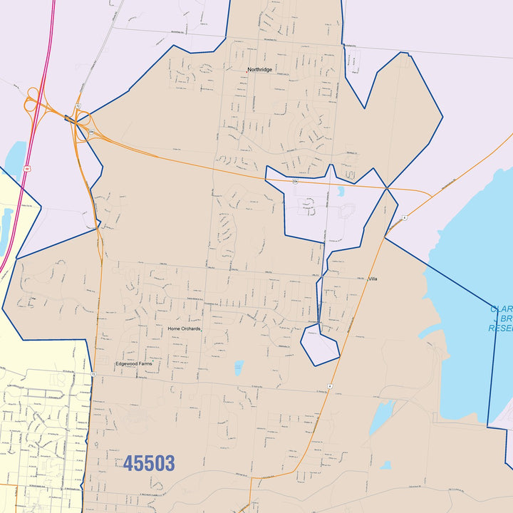 Color Cast Zip Code Style Wall Map of Springfield, OH