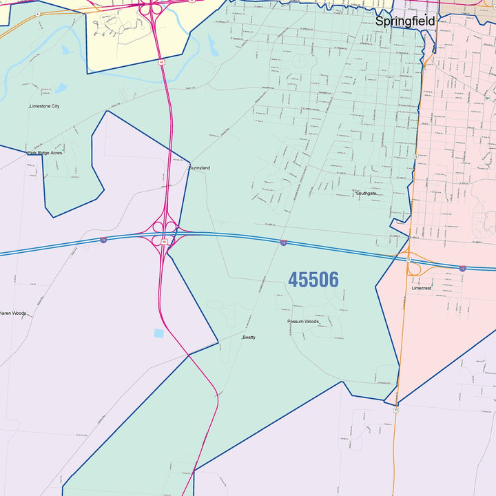 Color Cast Zip Code Style Wall Map of Springfield, OH