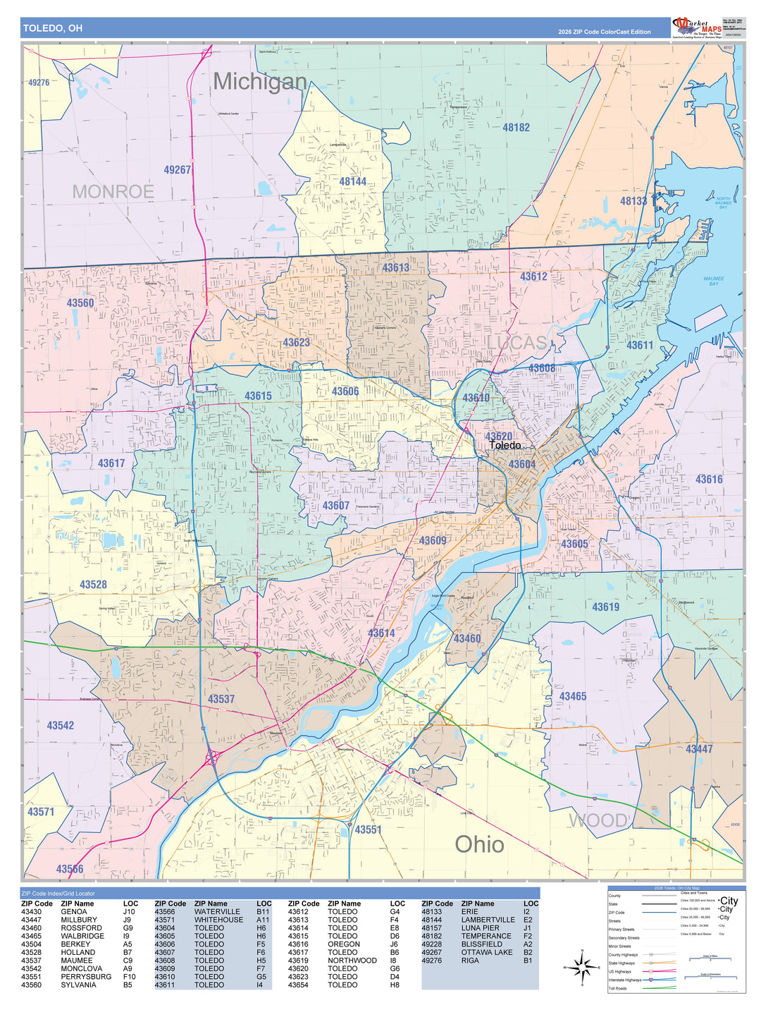 Color Cast Zip Code Style Wall Map of Toledo, OH – American Map Store