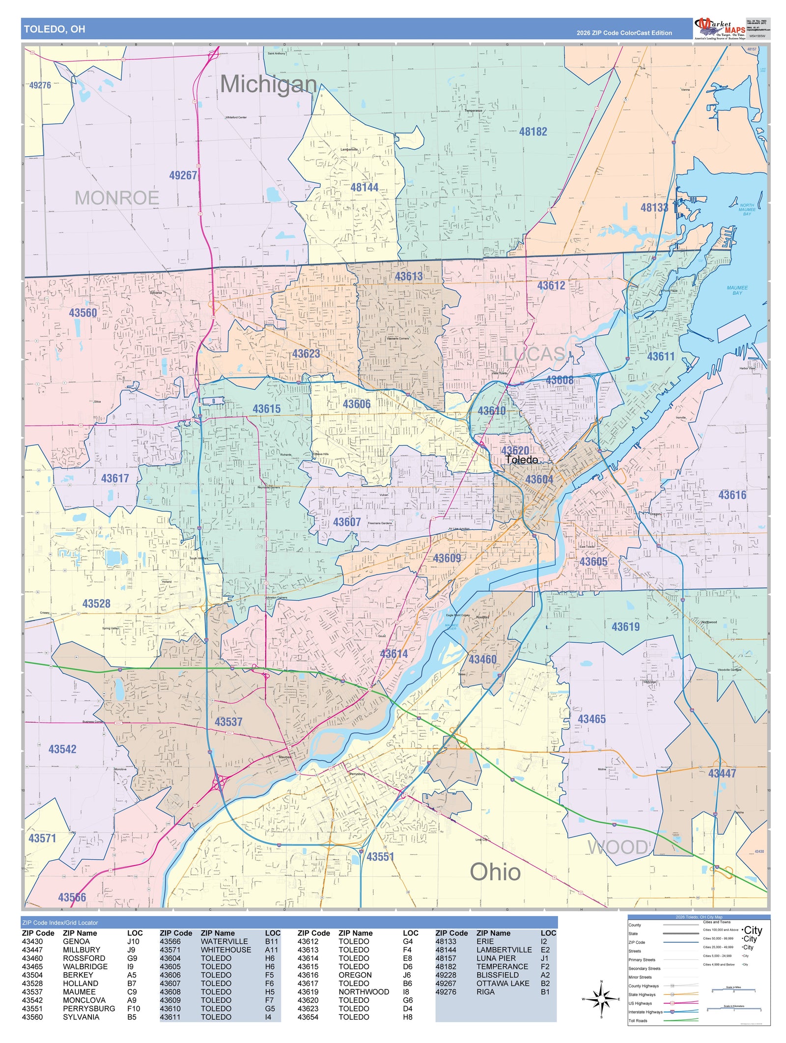 Color Cast Zip Code Style Wall Map of Toledo OH