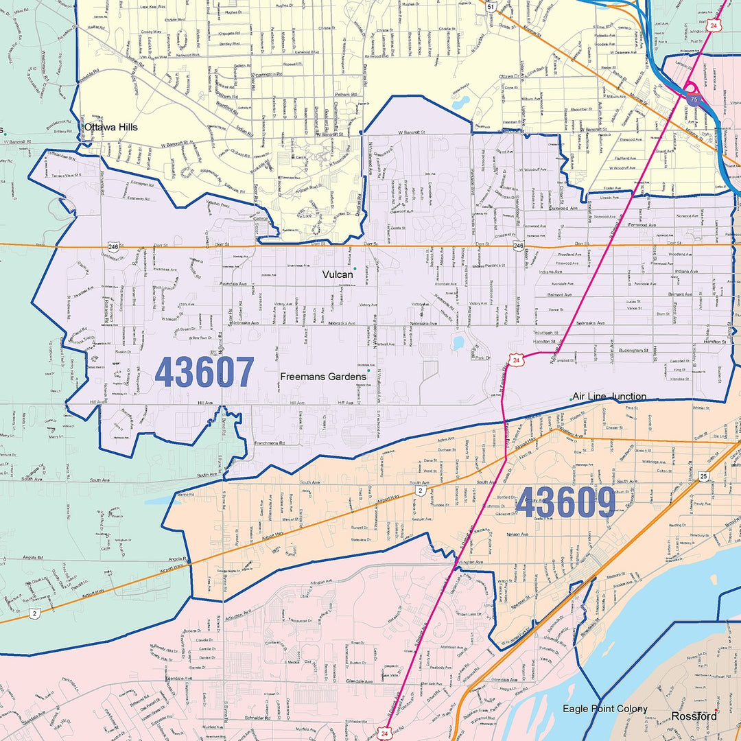 Color Cast Zip Code Style Wall Map of Toledo, OH – American Map Store