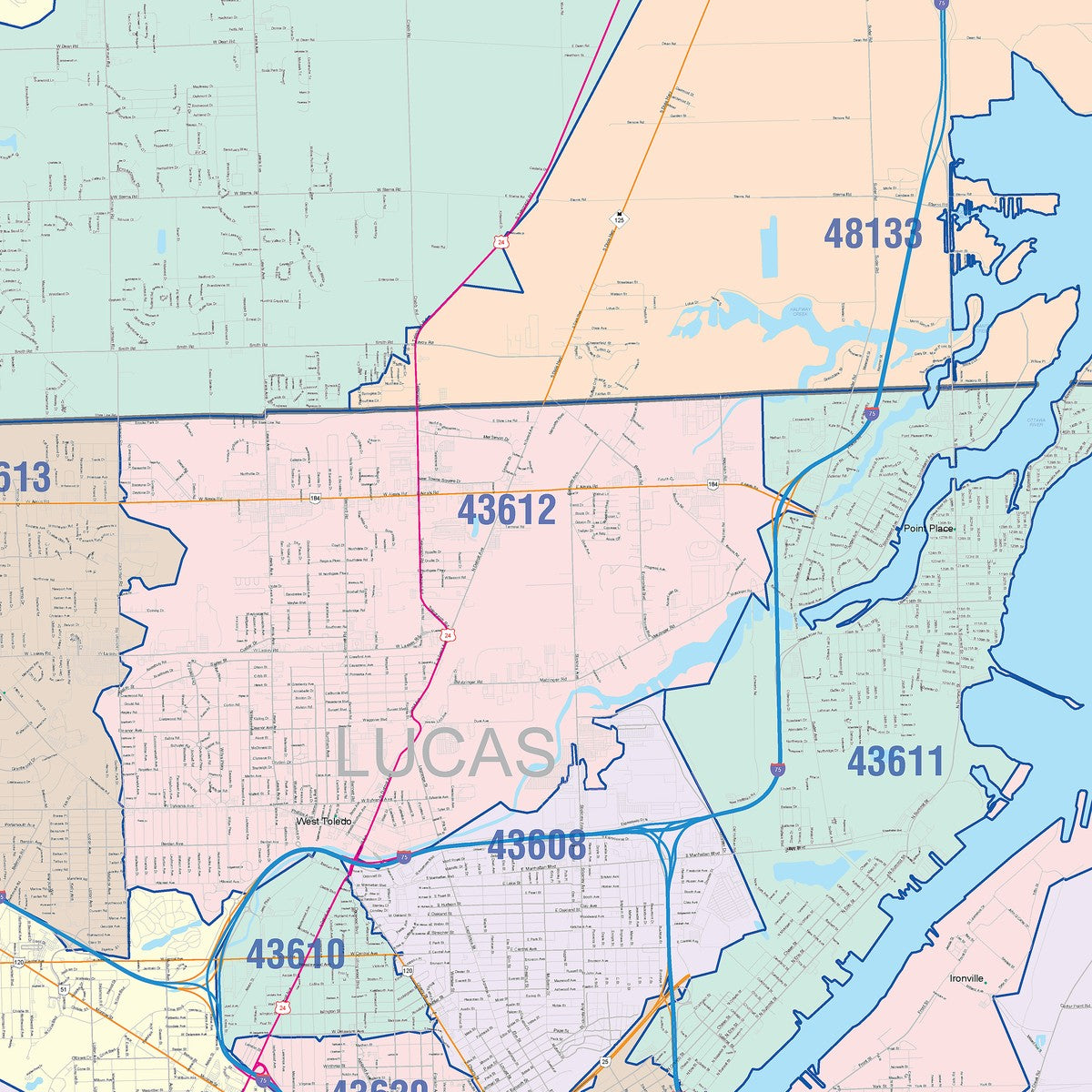 Color Cast Zip Code Style Wall Map of Toledo, OH – American Map Store