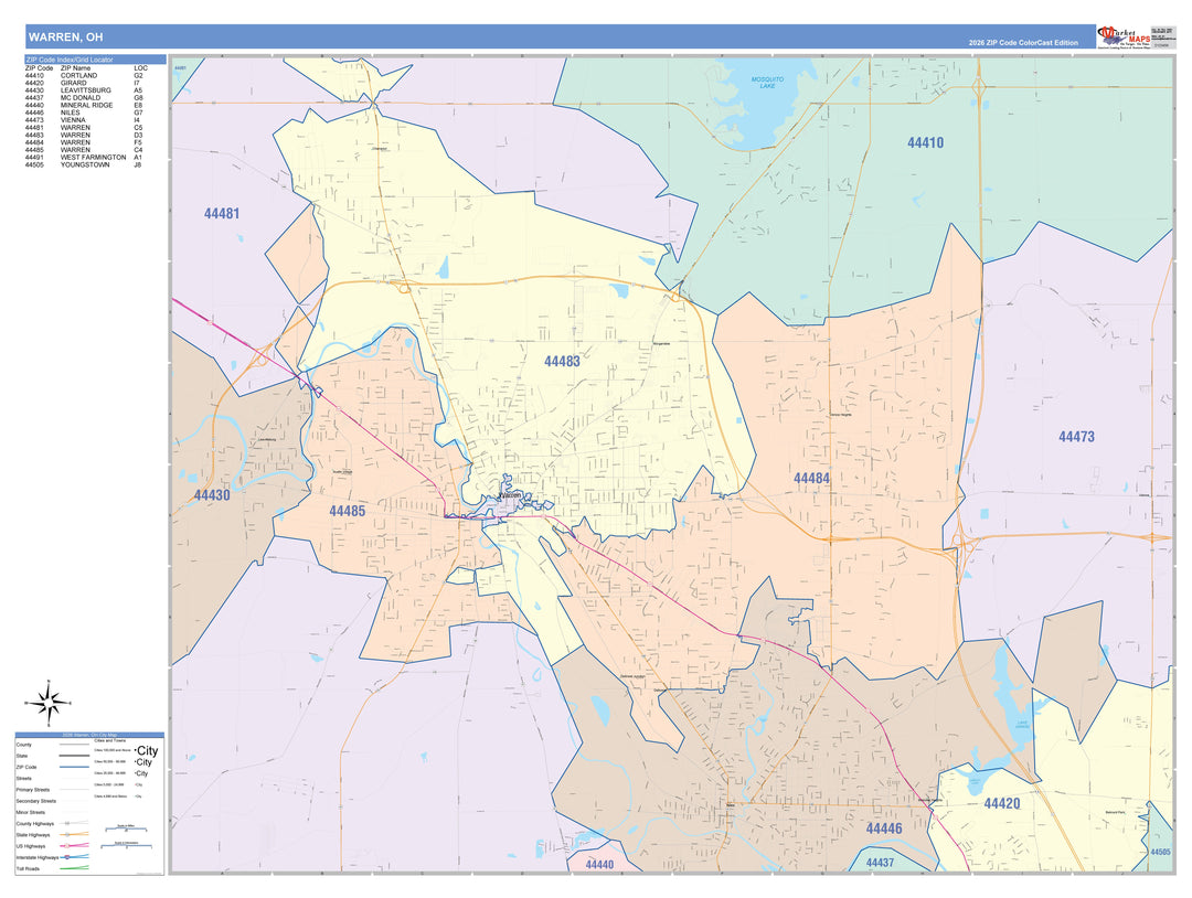 Color Cast Zip Code Style Wall Map of Warren, OH