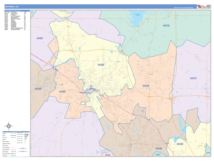 Color Cast Zip Code Style Wall Map of Warren, OH