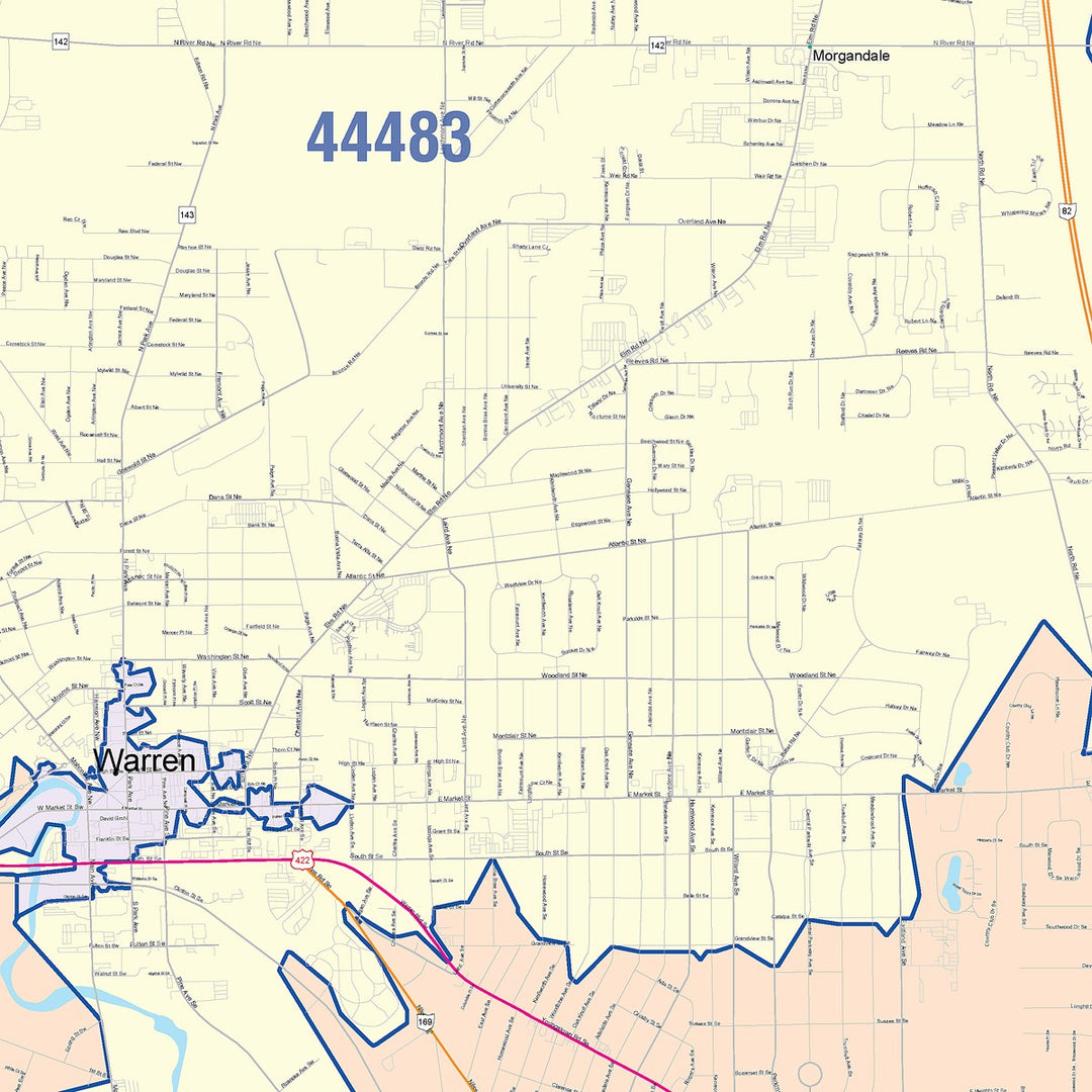 Color Cast Zip Code Style Wall Map of Warren, OH