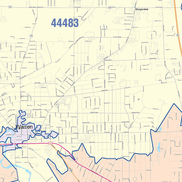 Color Cast Zip Code Style Wall Map of Warren, OH