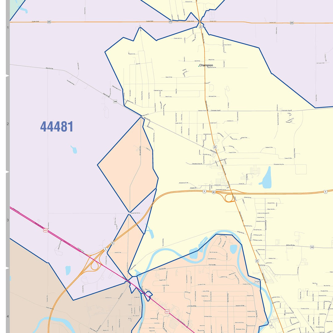 Color Cast Zip Code Style Wall Map of Warren, OH