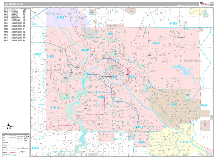 Premium Style Wall Map of Youngstown, OH