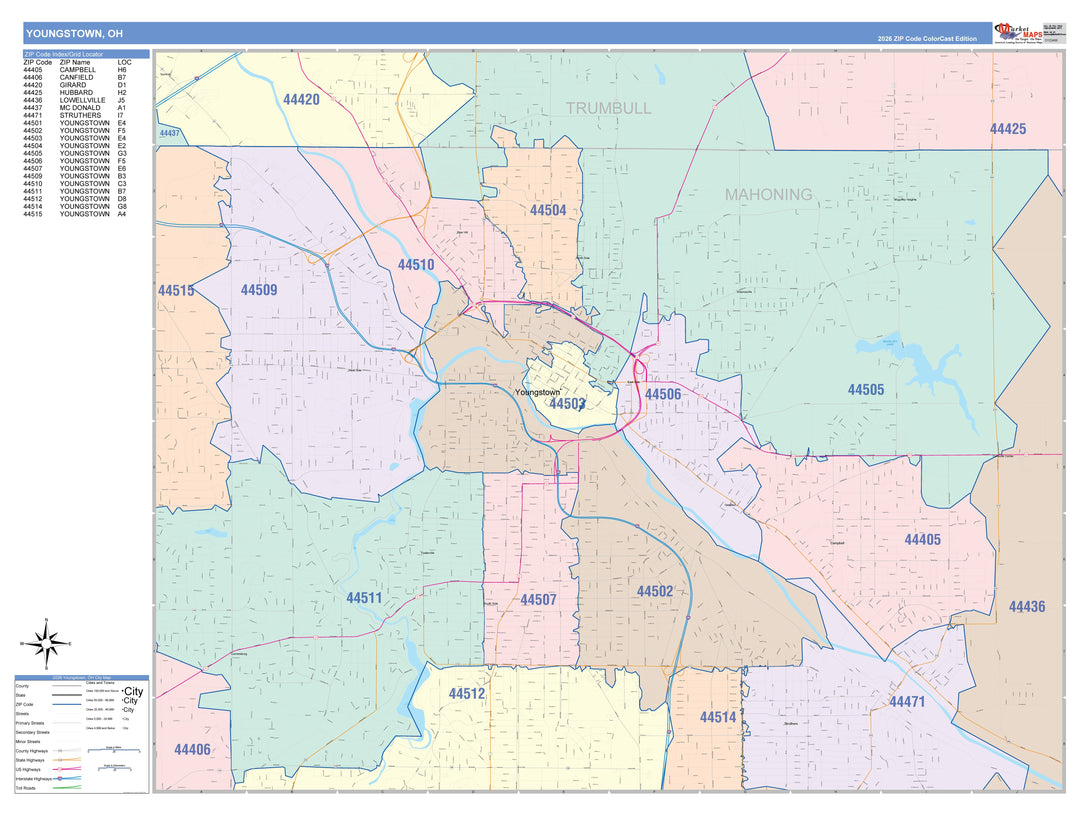 Color Cast Zip Code Style Wall Map of Youngtown, OH