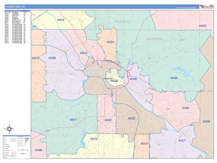 Color Cast Zip Code Style Wall Map of Youngtown, OH