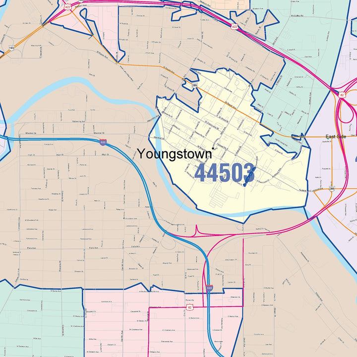 Color Cast Zip Code Style Wall Map of Youngtown, OH