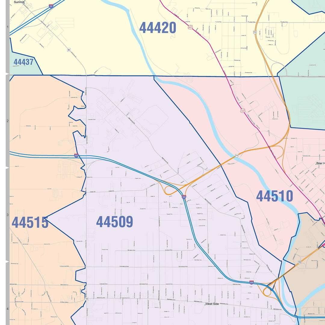 Color Cast Zip Code Style Wall Map of Youngtown, OH