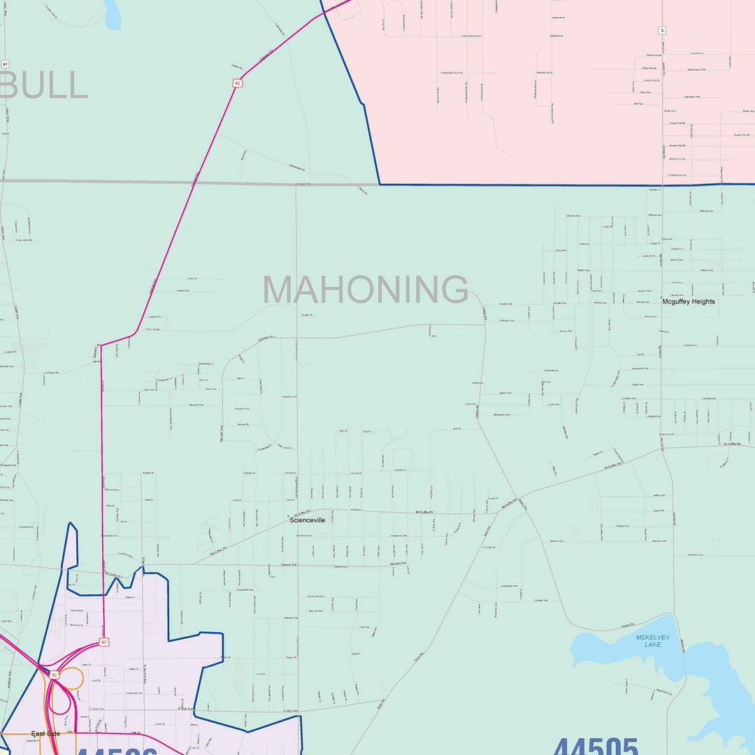 Color Cast Zip Code Style Wall Map of Youngtown, OH