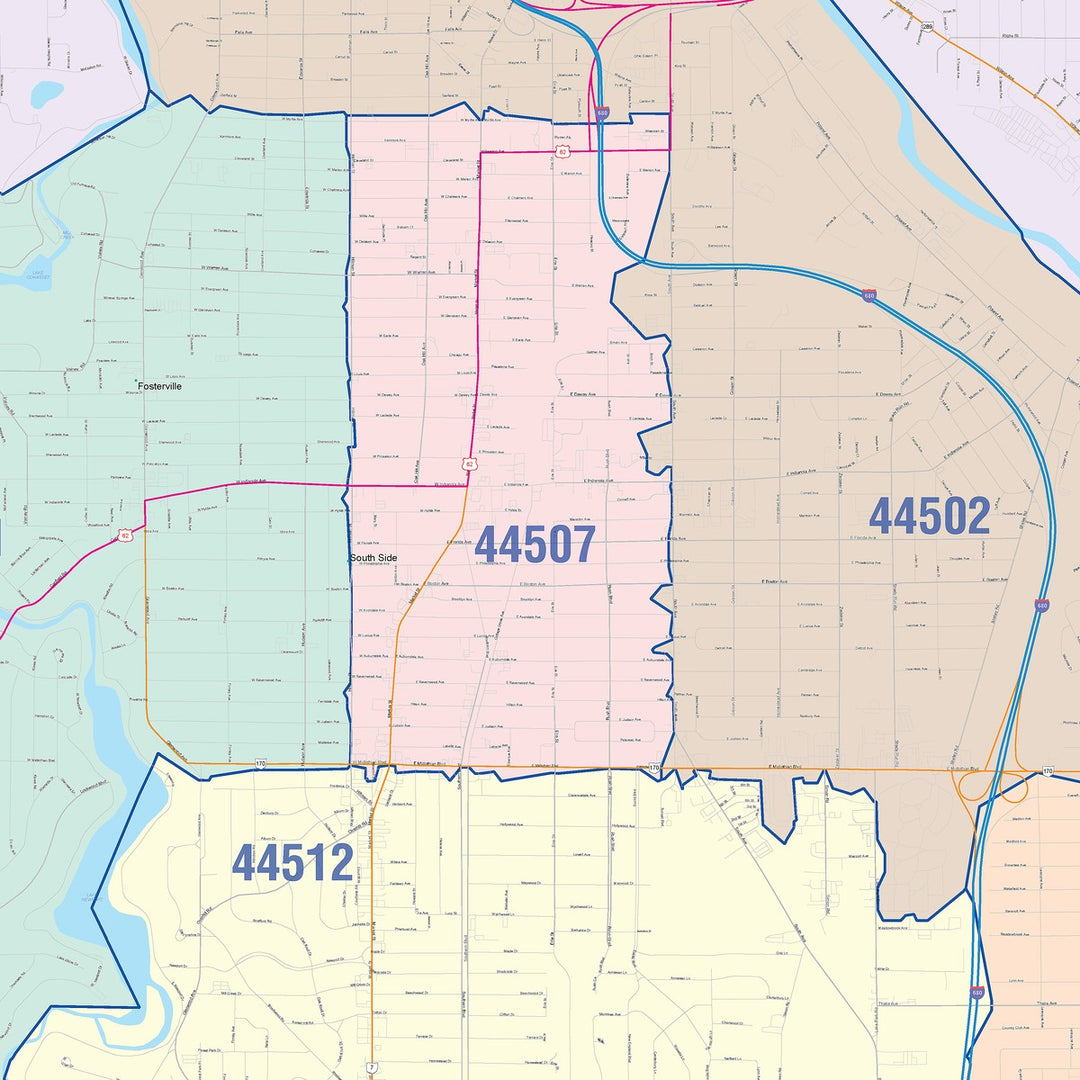 Color Cast Zip Code Style Wall Map of Youngtown, OH