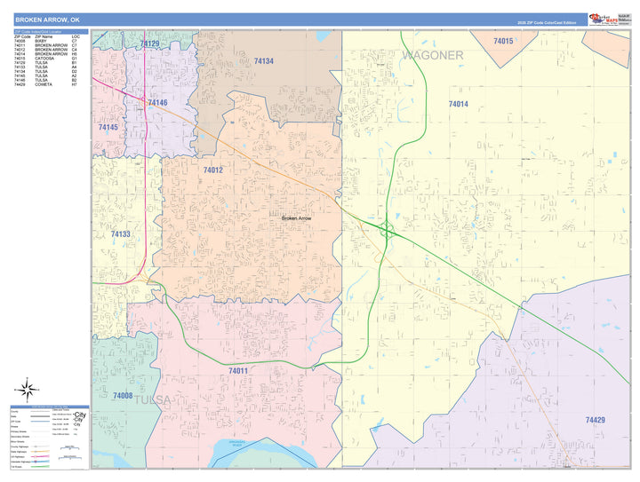 Color Cast Zip Code Style Wall Map of Broken Arrow, OK