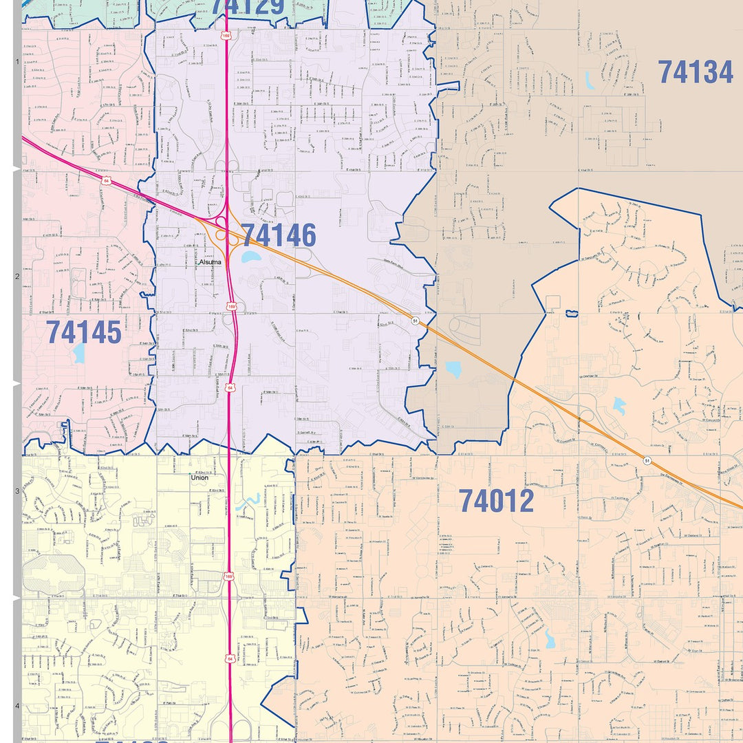 Color Cast Zip Code Style Wall Map of Broken Arrow, OK