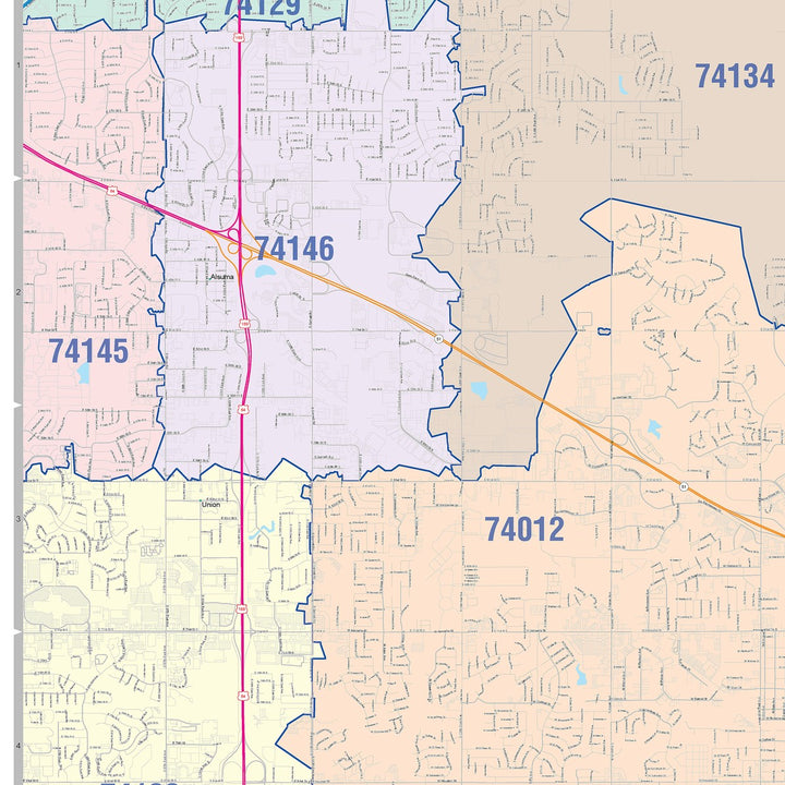 Color Cast Zip Code Style Wall Map of Broken Arrow, OK