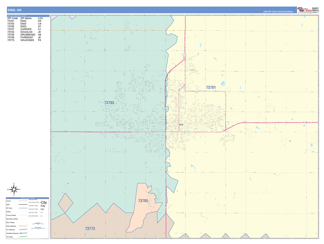 Color Cast Zip Code Style Wall Map of Enid, OK