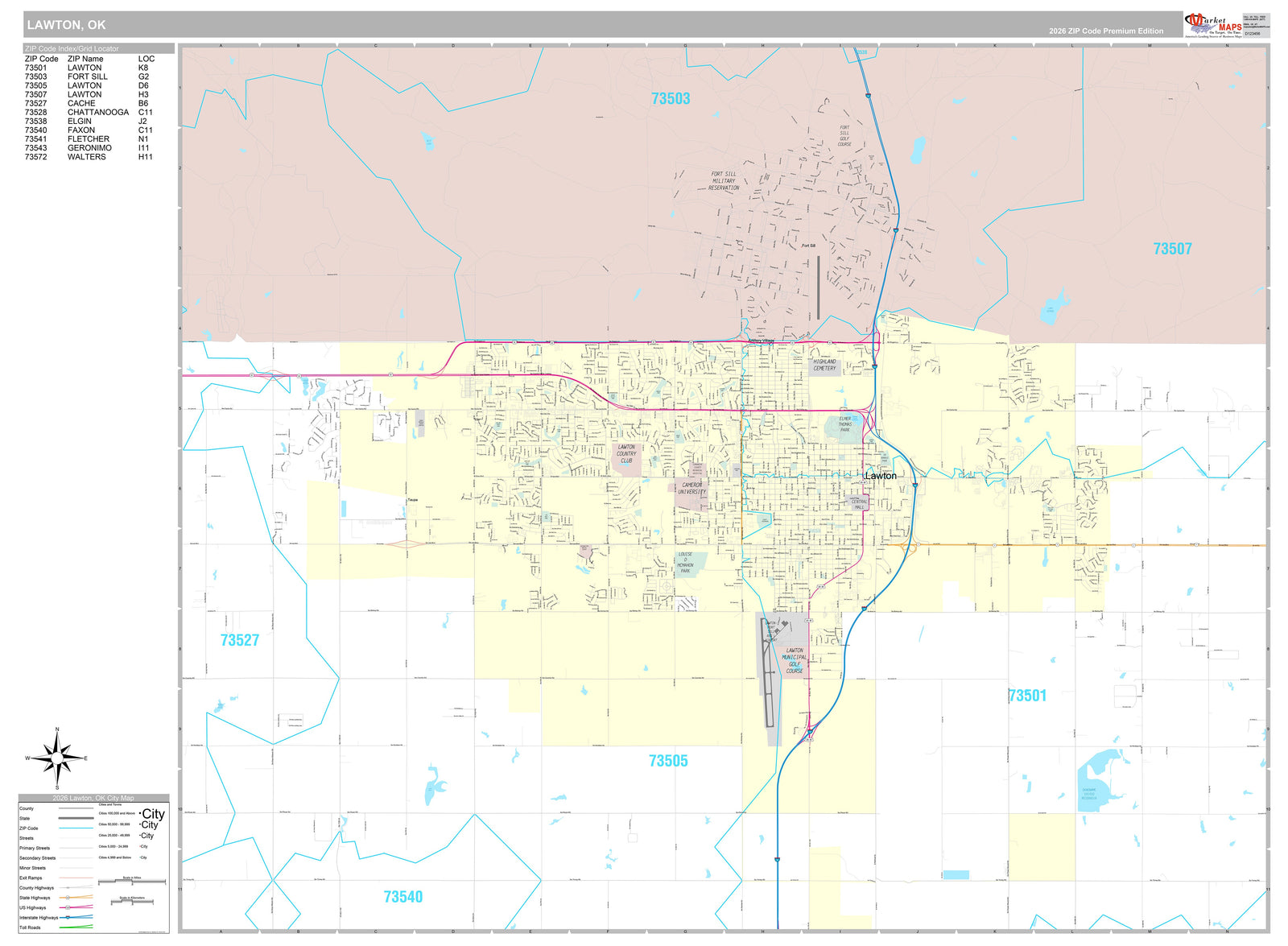 Premium Style Wall Map of Lawton, OK